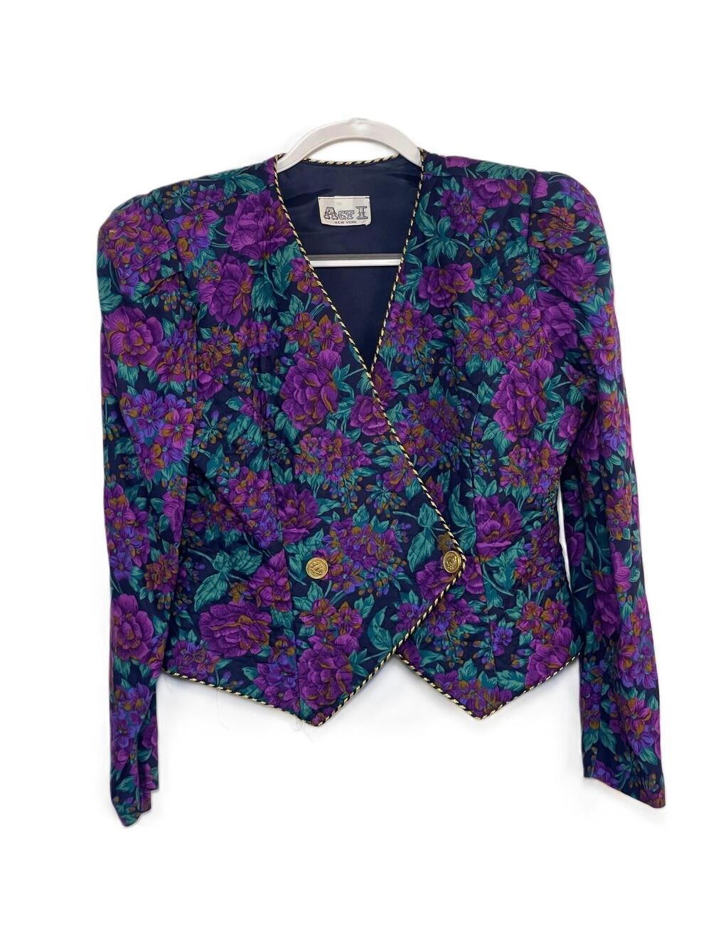 Vintage 1980s Act I New York Floral Blazer Jacket with Gold Buttons Size 12